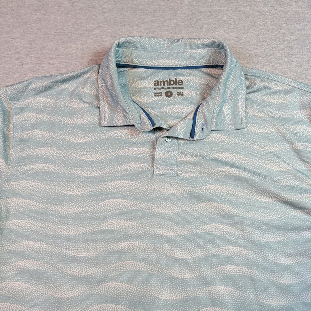 Amble Mens Short Sleeve Polo Shirt Blue White Wave Print Recycled Blend Size M